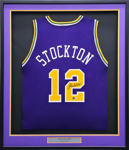 UTAH JAZZ JOHN STOCKTON AUTOGRAPHED FRAMED PURPLE JERSEY BECKETT WITNESS 230204