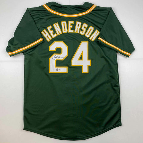 Autographed/Signed Rickey Henderson Oakland Green Jersey Beckett BAS COA