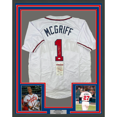 Framed Autographed/Signed Fred McGriff 33x42 Atlanta White Jersey JSA COA