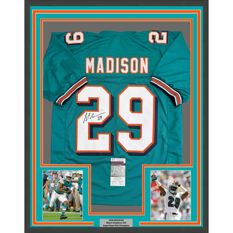 Framed Autographed/Signed Sam Madison 35x39 Miami Teal Football Jersey JSA COA