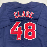 Autographed/Signed Emmanuel Clase Cleveland Blue Baseball Jersey JSA COA