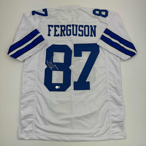 Autographed/Signed Jake Ferguson Dallas White Football Jersey Beckett BAS COA