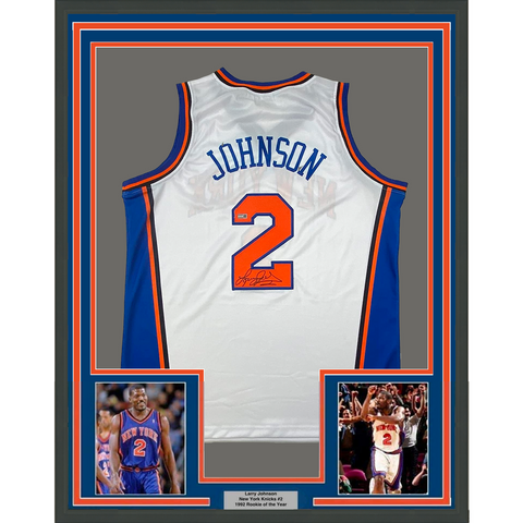 Framed Autographed/Signed Larry Johnson 33x42 New York White Jersey Steiner COA