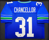 SEAHAWKS KAM CHANCELLOR AUTOGRAPHED FRAMED BLUE THROWBACK JERSEY MCS HOLO 235666