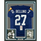 FRAMED Autographed/Signed JOE BELLINO 33x42 Navy Blue College Jersey JSA COA