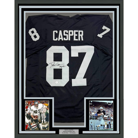 Framed Autographed/Signed Dave Casper 35x39 HOF 02 Oakland Black Jersey BAS COA