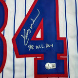 Autographed/Signed Kerry Wood 98 ROY Chicago Pinstripe Baseball Jersey BAS COA