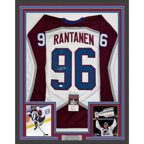 Framed Autographed/Signed Mikko Rantanen 35x39 Colorado White Jersey JSA COA