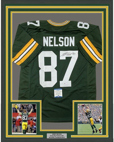 FRAMED Autographed/Signed JORDY NELSON 33x42 Green Football Jersey Beckett COA