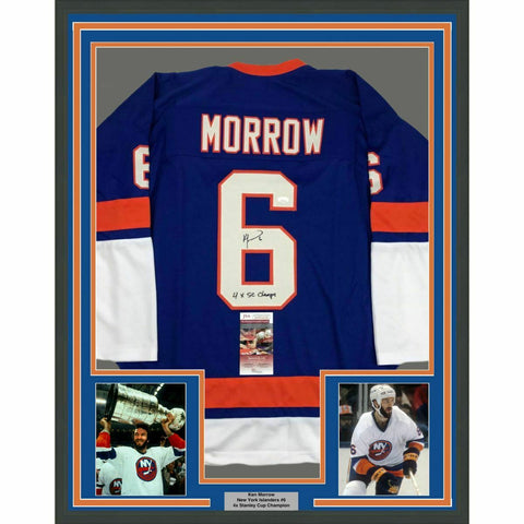 FRAMED Autographed/Signed KEN MORROW 4x SC Champs 33x42 NY Blue Jersey JSA COA