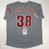 Autographed/Signed Curt Schilling Philadelphia Grey Baseball Jersey JSA COA