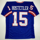 Autographed/Signed JEFF HOSTETLER New York Blue Football Jersey JSA COA Auto