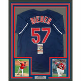 FRAMED Autographed/Signed SHANE BIEBER 33x42 Cleveland Blue Jersey JSA COA Auto