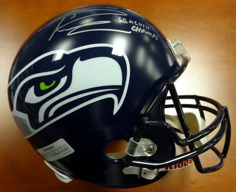 RUSSELL WILSON AUTO SEAHAWKS SB FULL SIZE HELMET SB CHAMPS SILVER RW HOLO 72351