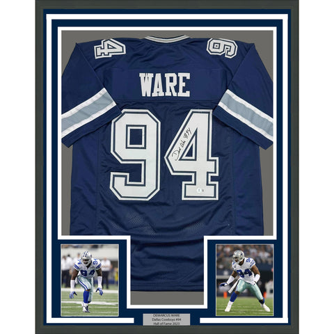 Framed Autographed/Signed Demarcus Ware 35x39 Dallas Blue Jersey Beckett BAS COA