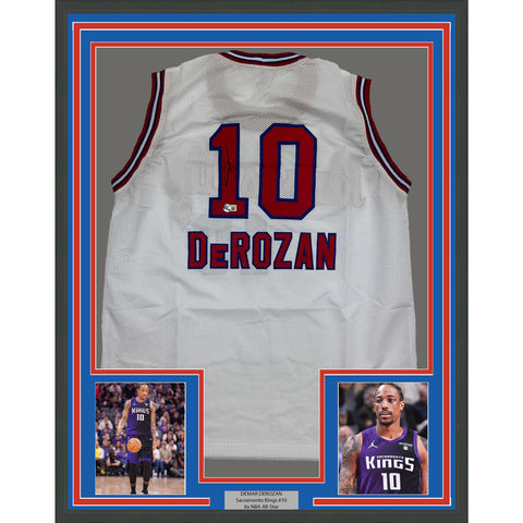 Framed Autographed/Signed DeMar DeRozan 35x39 White KC Retro Jersey Beckett COA