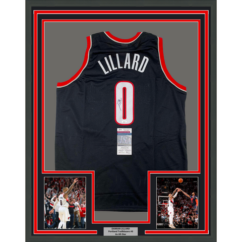 Framed Autographed/Signed Damian Lillard 33x42 Portland Black Jersey JSA COA