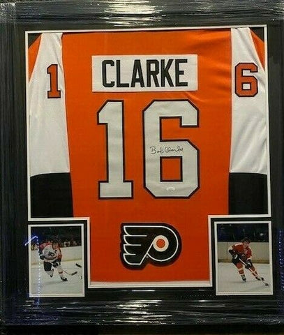 Bobby Clarke Signed Philadelphia Flyers 36" x 39" Custom Framed Jersey (JSA COA)