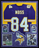 FRAMED IN SUEDE MINNESOTA VIKINGS RANDY MOSS AUTOGRAPHED SIGNED JERSEY JSA COA