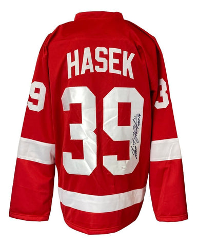 Dominik Hasek Detroit Signed Red Hockey Jersey HOF 14 Inscribed JSA