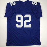 Autographed/Signed Michael Strahan New York Blue Football Jersey JSA COA Auto