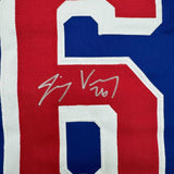 Framed Autographed/Signed Jimmy Vesey 35x39 New York Blue Hockey Jersey JSA COA