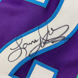 Framed Autographed/Signed Larry Johnson 33x42 Charlotte Purple Jersey JSA COA