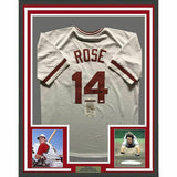 FRAMED Autographed/Signed PETE ROSE 33x42 Cincinnati White Jersey JSA COA Auto