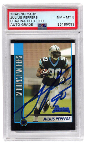 Julius Peppers Signed Panthers 2002 Bowman Rookie Card #144 (PSA - Auto Grade 8)