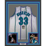 Framed Autographed/Signed Alonzo Mourning 33x42 Charlotte White Jersey JSA COA