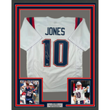 Framed Autographed/Signed Mac Jones 33x42 New England White Jersey Beckett COA