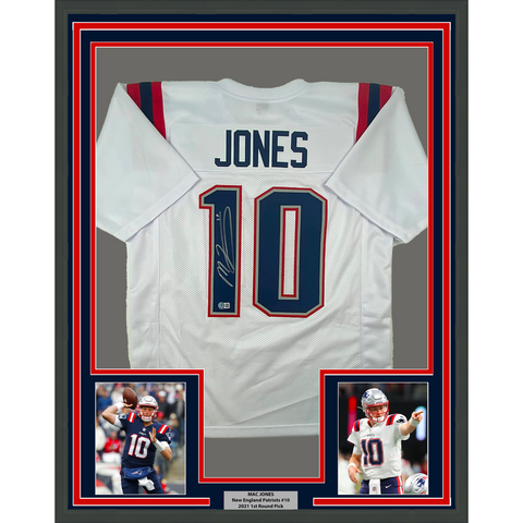 Framed Autographed/Signed Mac Jones 33x42 New England White Jersey Beckett COA