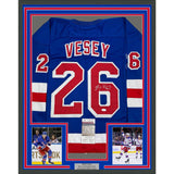 Framed Autographed/Signed Jimmy Vesey 35x39 New York Blue Hockey Jersey JSA COA