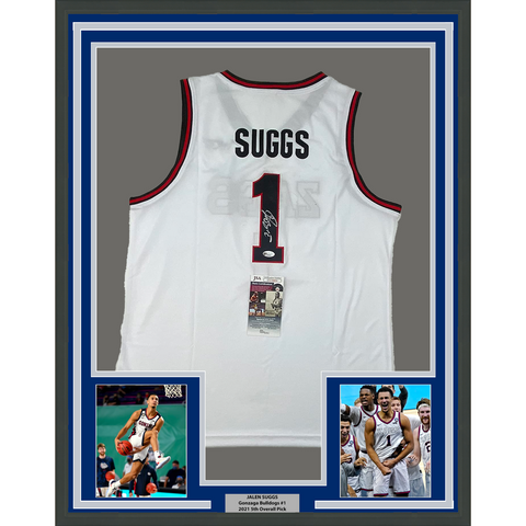 Framed Autographed/Signed Jalen Suggs 33x42 Gonzaga White Jersey JSA COA