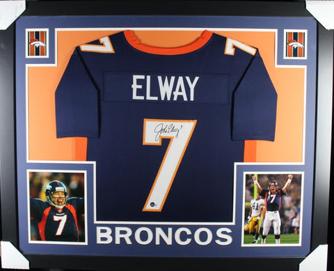 JOHN ELWAY (Broncos blue SKYLINE) Signed Autograph Framed Jersey Beckett