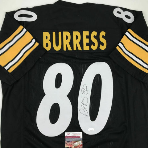 Autographed/Signed PLAXICO BURRESS Pittsburgh Black Football Jersey JSA COA Auto