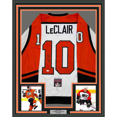 Framed Autographed/Signed John LeClair 35x39 Philadelphia White Jersey JSA COA