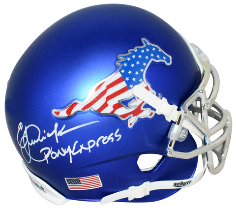 ERIC DICKERSON SIGNED SMU MUSTANGS SATIN BLUE MINI HELMET W/ PONY EXPRESS
