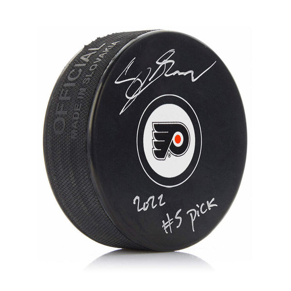 Cutter Gauthier Philadelphia Flyers Autographed Hockey Puck with #5 Pick JSA PSA