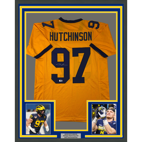 Framed Autographed/Signed Aidan Hutchinson 33x42 Yellow Jersey BAS COA