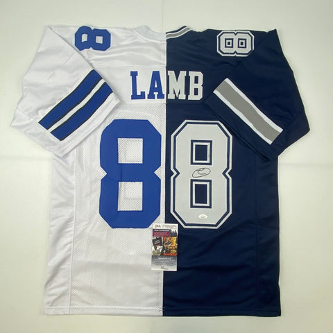 Autographed/Signed CeeDee Lamb Dallas Split White/Blue Football Jersey JSA COA