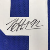 Autographed/Signed Michael Strahan New York Blue Football Jersey JSA COA Auto