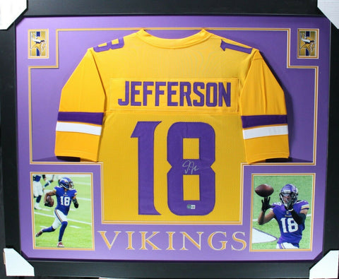 JUSTIN JEFFERSON (Vikings rush SKYLINE) Signed Autographed Framed Jersey Beckett