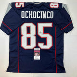 Autographed/Signed Chad Ochocinco (Johnson) New England Blue Jersey JSA COA