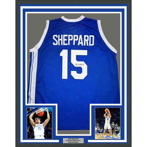 Framed Autographed/Signed Reed Sheppard 35x39 Kentucky Blue Jersey JSA COA