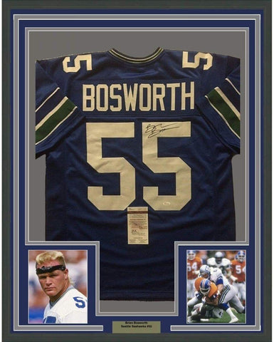 Framed Autographed/Signed Brian Bosworth 35x39 Seattle Blue Jersey JSA COA