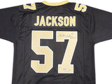 SAINTS RICKEY JACKSON AUTOGRAPHED BLACK JERSEY "HOF 2010" BECKETT QR 230189