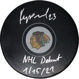 Phillipp Kurashev Autographed Chicago Blackhawks Hockey Puck NHL Debut FAN 46927