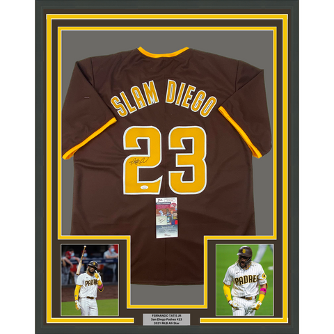 Framed Autographed/Signed Fernando Tatis Jr. 33x42 Slam SD Brown Jersey JSA COA