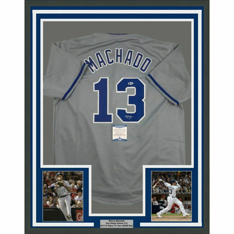 FRAMED Autographed/Signed MANNY MACHADO 33x42 San Diego Grey Jersey Beckett COA